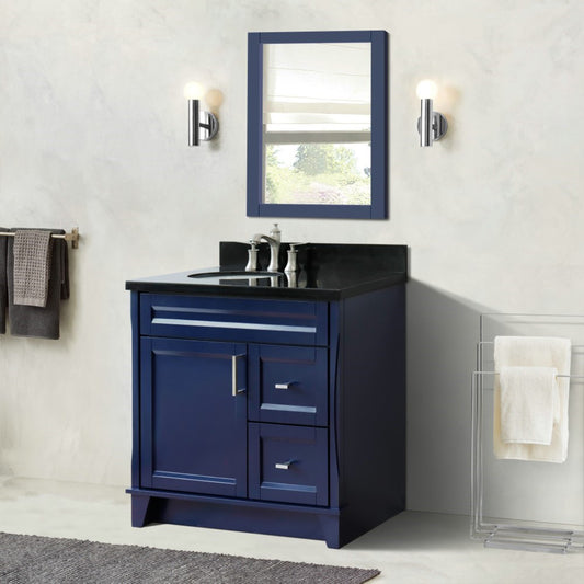 37" Single sink vanity in Blue finish with Black galaxy granite and Left door/Left sink