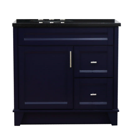 37" Single sink vanity in Blue finish with Black galaxy granite and Left door/Left sink
