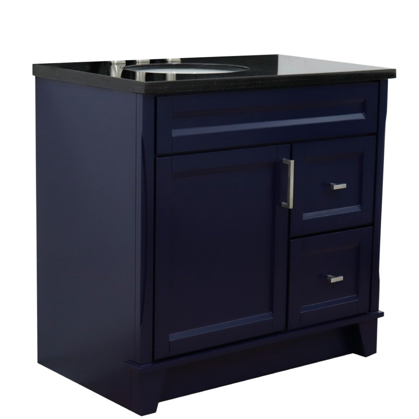 37" Single sink vanity in Blue finish with Black galaxy granite and Left door/Left sink