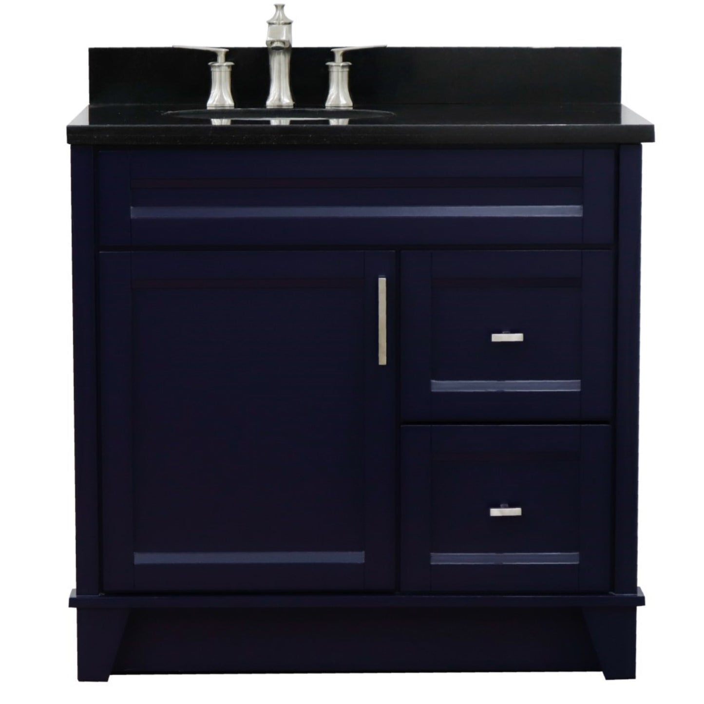 37" Single sink vanity in Blue finish with Black galaxy granite and Left door/Left sink