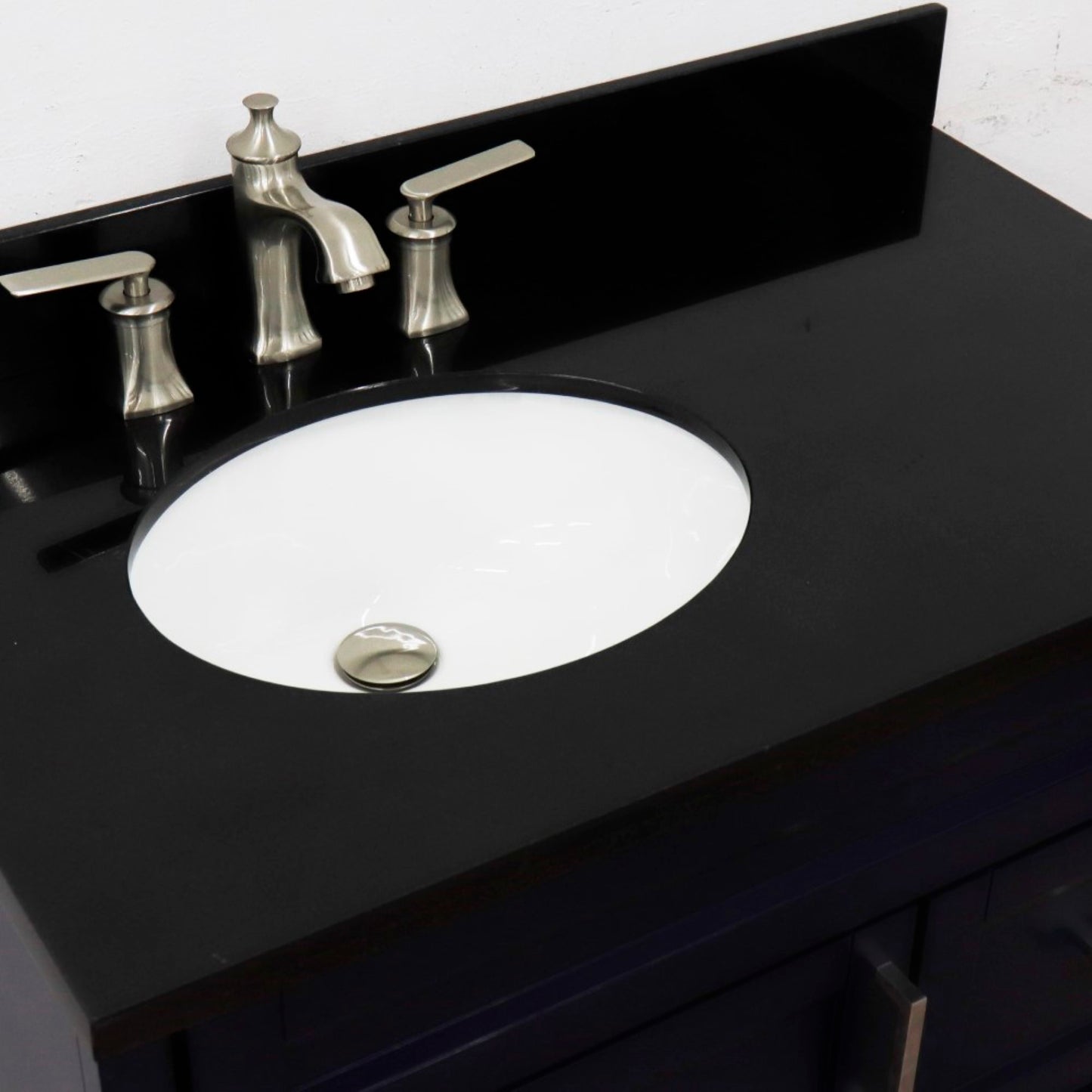 37" Single sink vanity in Blue finish with Black galaxy granite and Left door/Left sink