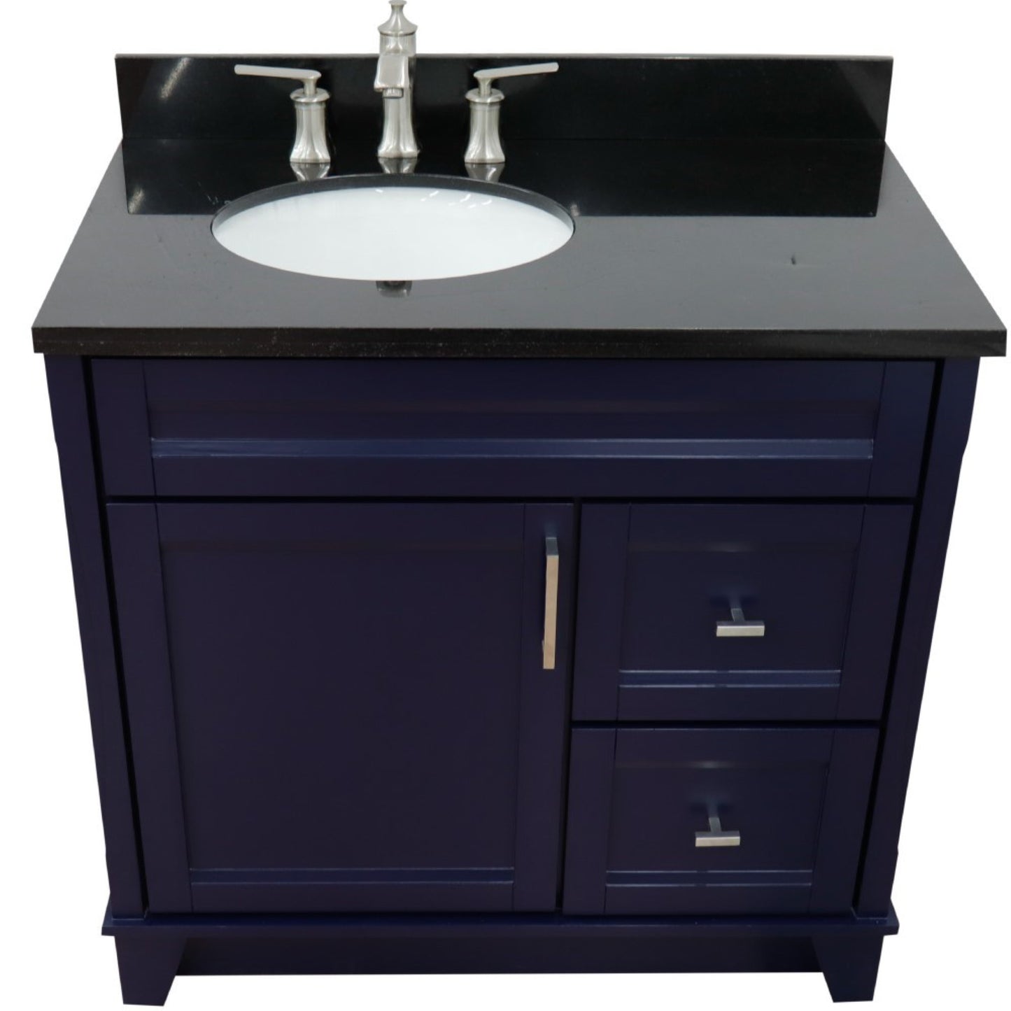 37" Single sink vanity in Blue finish with Black galaxy granite and Left door/Left sink