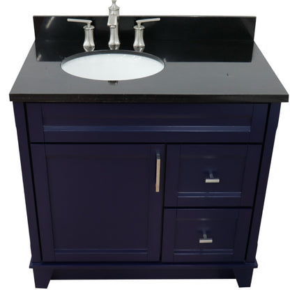 37" Single sink vanity in Blue finish with Black galaxy granite and Left door/Left sink