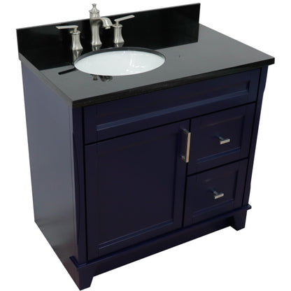 37" Single sink vanity in Blue finish with Black galaxy granite and Left door/Left sink