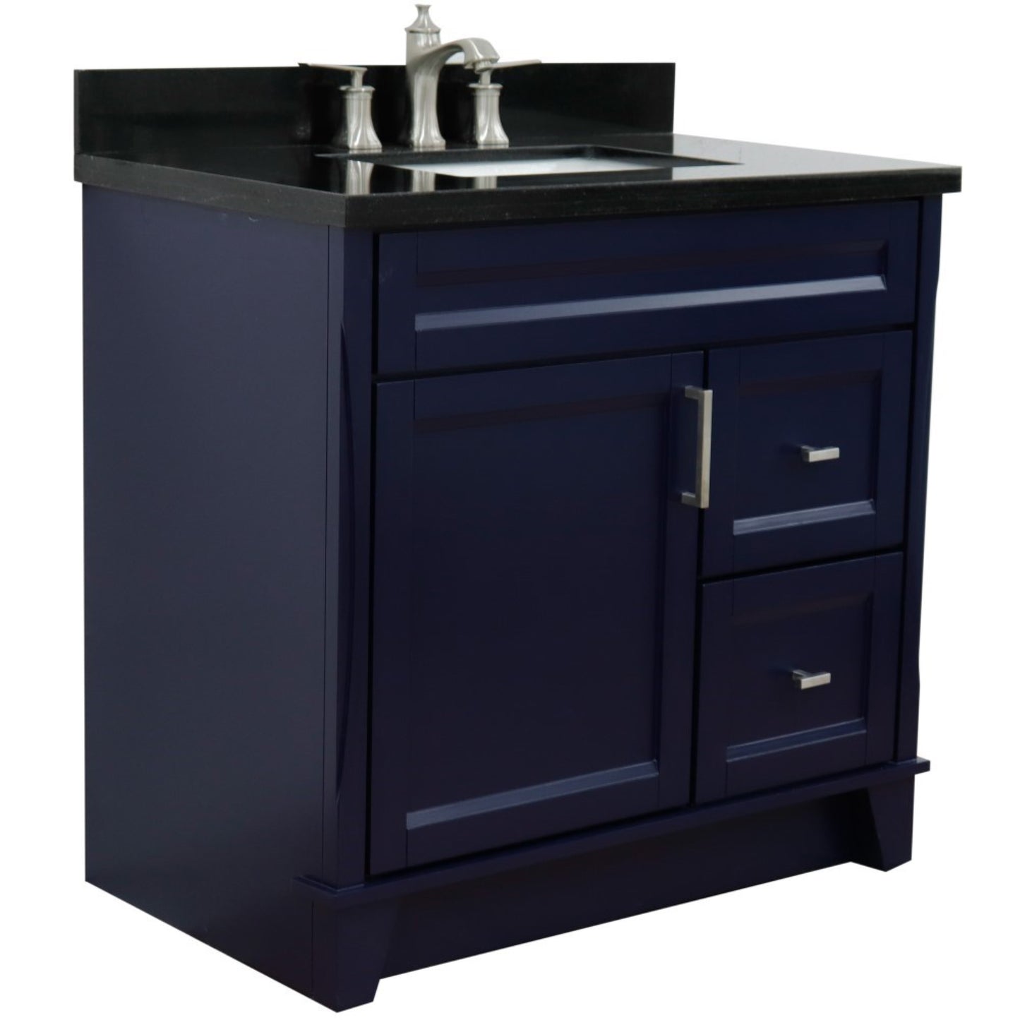 37" Single sink vanity in Blue finish with Black galaxy granite and Left door/Center sink