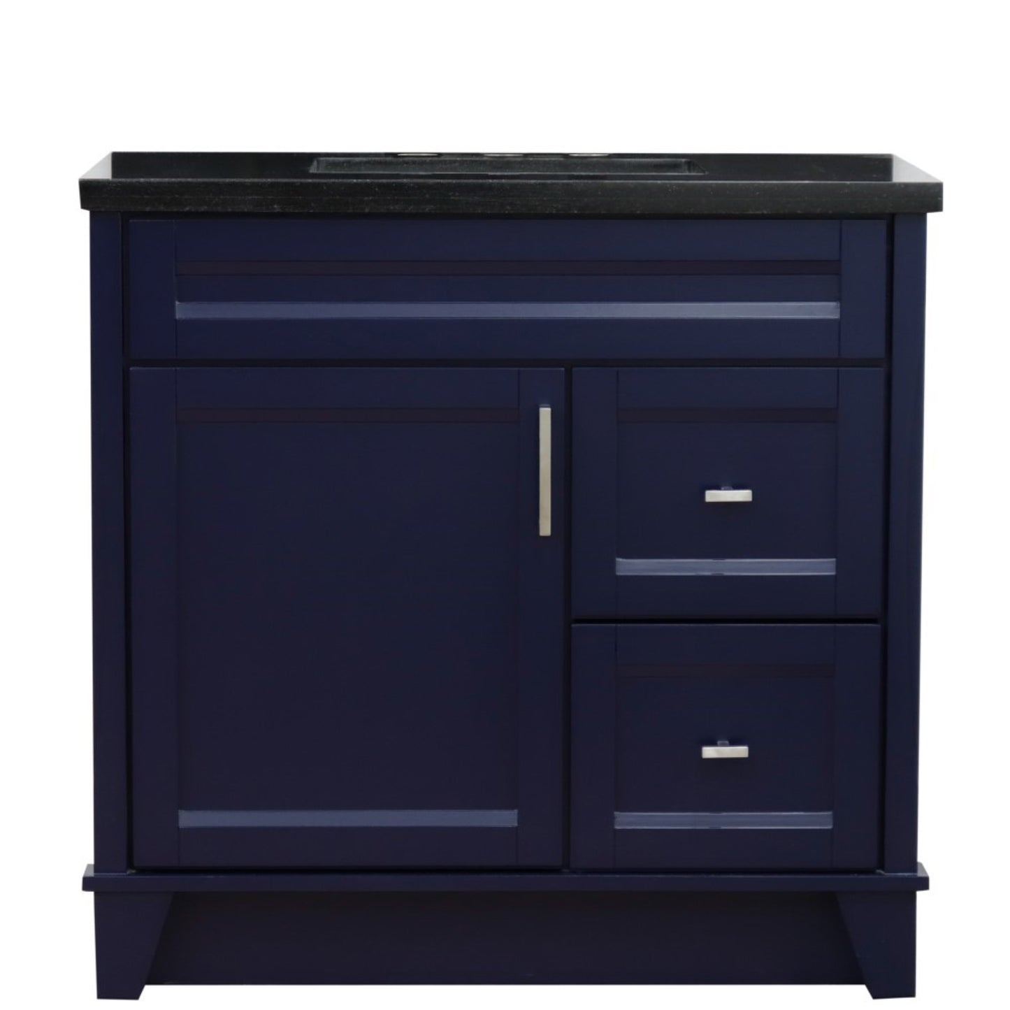 37" Single sink vanity in Blue finish with Black galaxy granite and Left door/Center sink