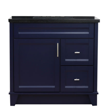 37" Single sink vanity in Blue finish with Black galaxy granite and Left door/Center sink