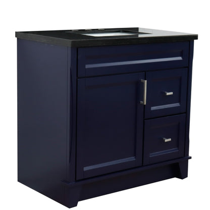 37" Single sink vanity in Blue finish with Black galaxy granite and Left door/Center sink
