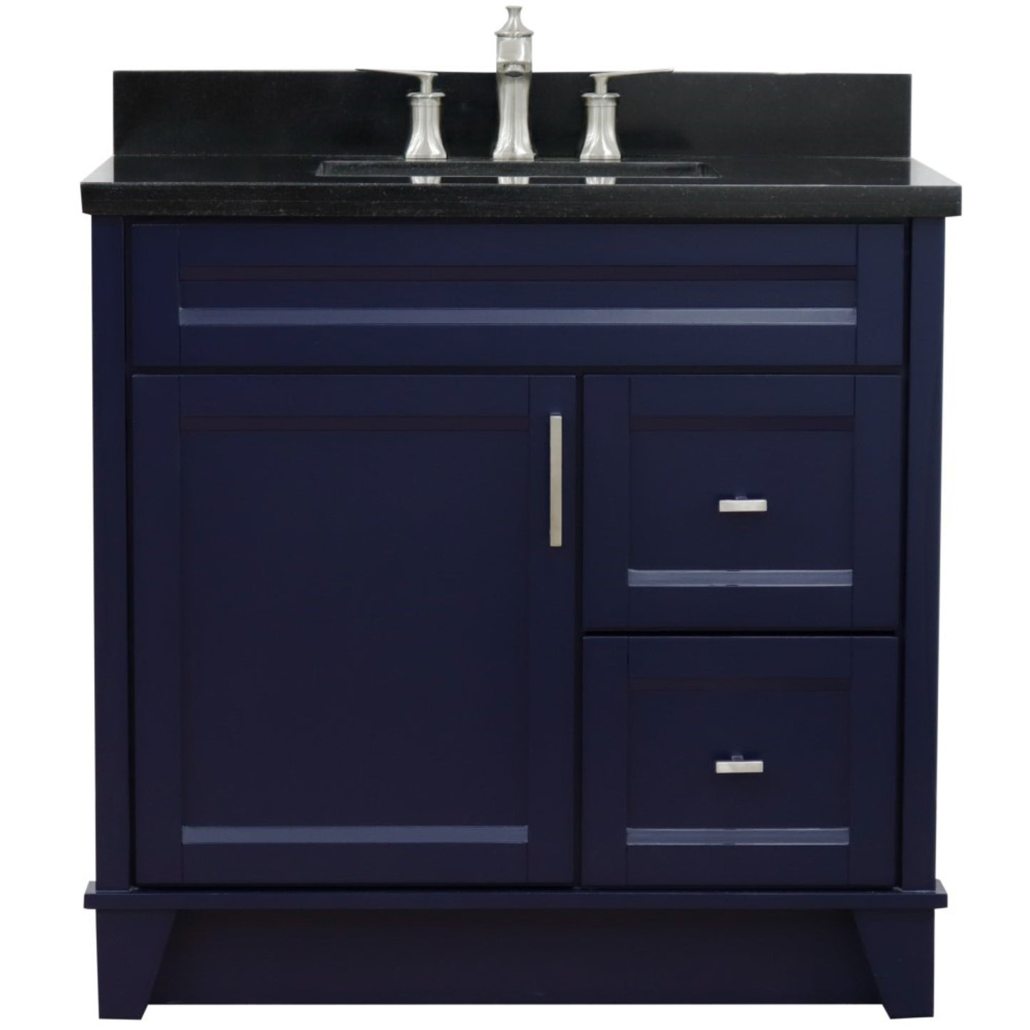 37" Single sink vanity in Blue finish with Black galaxy granite and Left door/Center sink