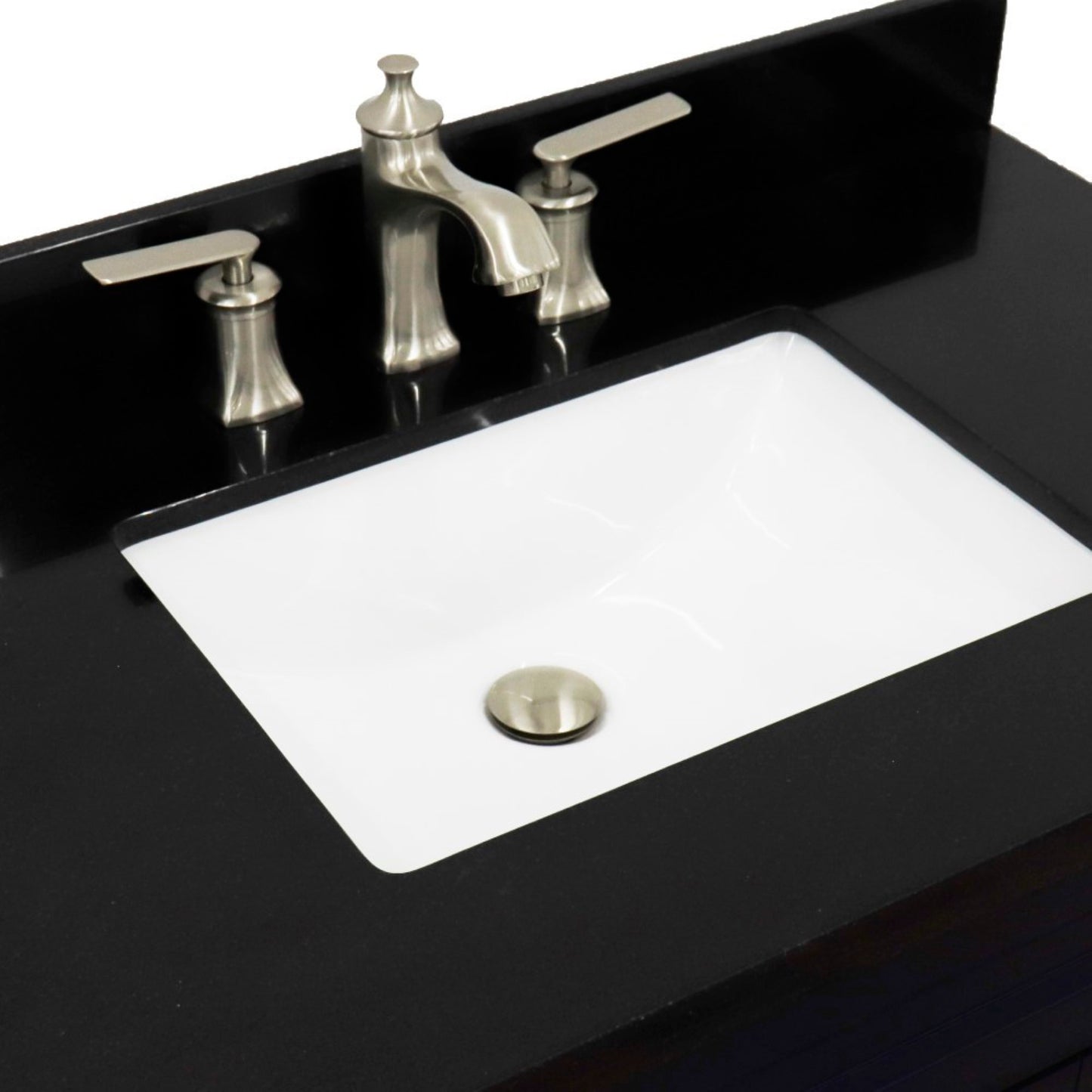 37" Single sink vanity in Blue finish with Black galaxy granite and Left door/Center sink