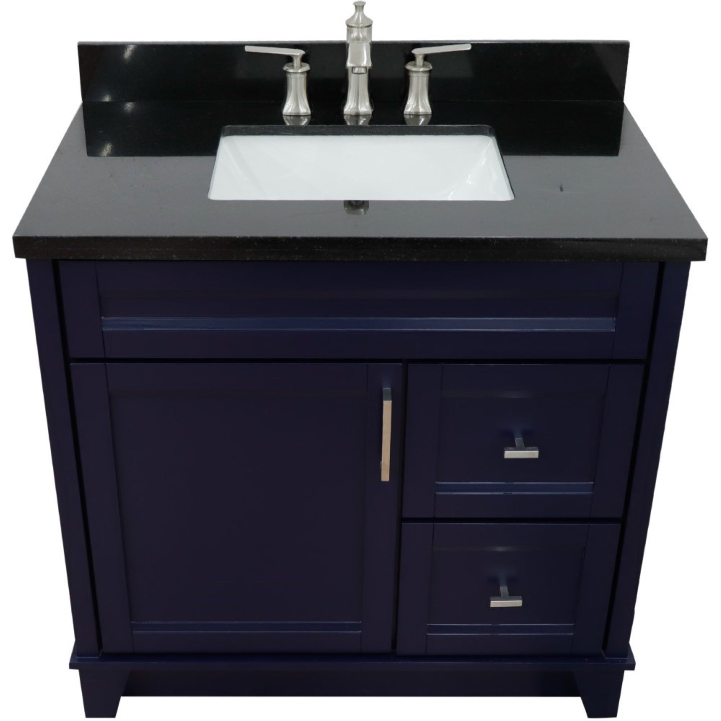 37" Single sink vanity in Blue finish with Black galaxy granite and Left door/Center sink