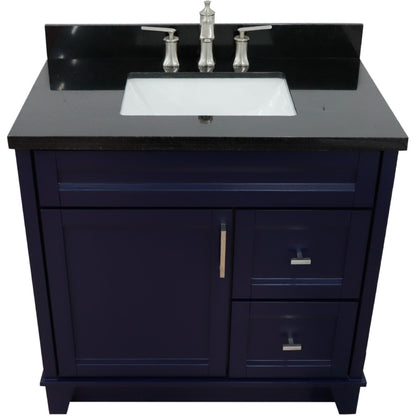 37" Single sink vanity in Blue finish with Black galaxy granite and Left door/Center sink