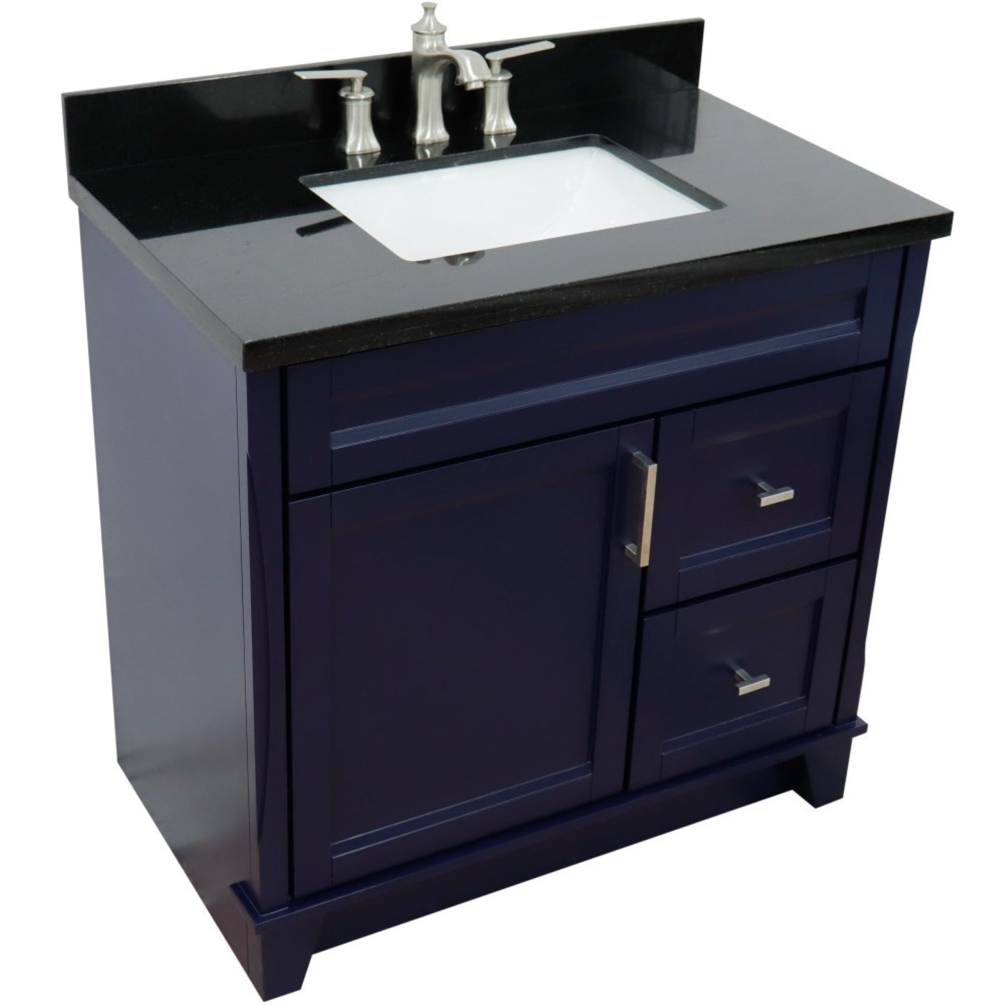 37" Single sink vanity in Blue finish with Black galaxy granite and Left door/Center sink