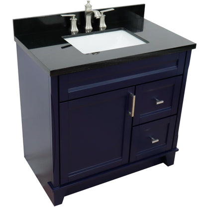 37" Single sink vanity in Blue finish with Black galaxy granite and Left door/Center sink