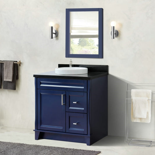37" Single sink vanity in Blue finish with Black galaxy granite and Left door/Round Center sink