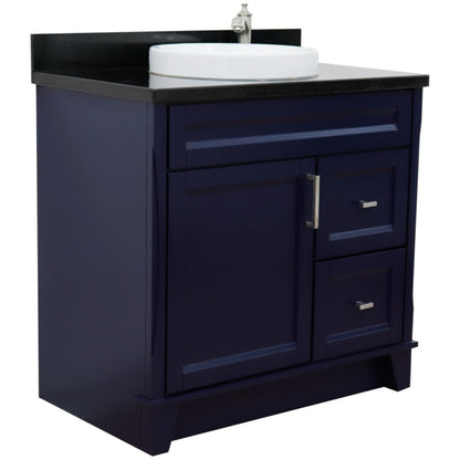 37" Single sink vanity in Blue finish with Black galaxy granite and Left door/Round Center sink