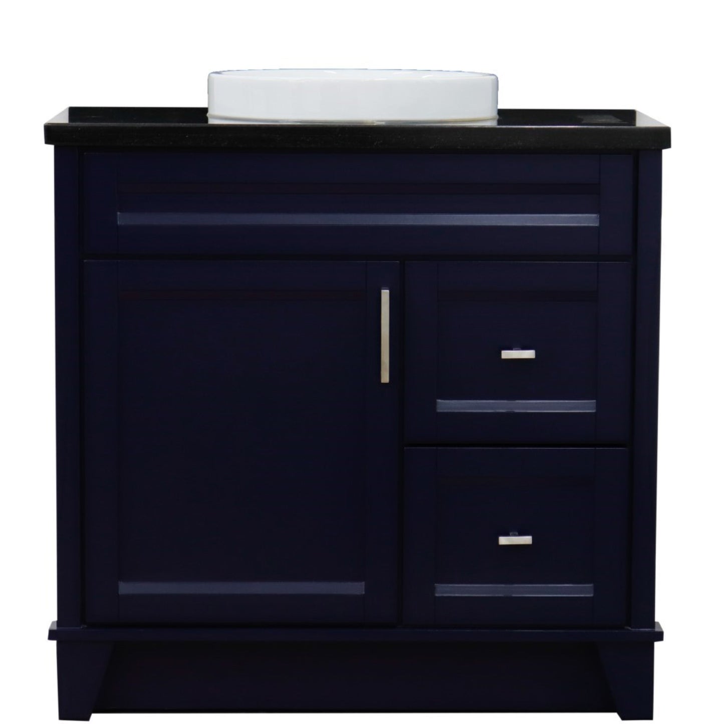 37" Single sink vanity in Blue finish with Black galaxy granite and Left door/Round Center sink