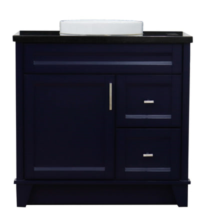 37" Single sink vanity in Blue finish with Black galaxy granite and Left door/Round Center sink