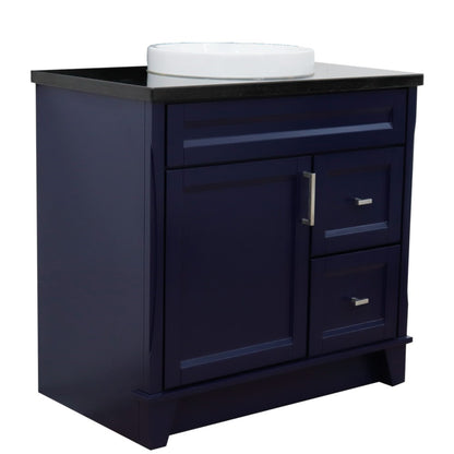 37" Single sink vanity in Blue finish with Black galaxy granite and Left door/Round Center sink