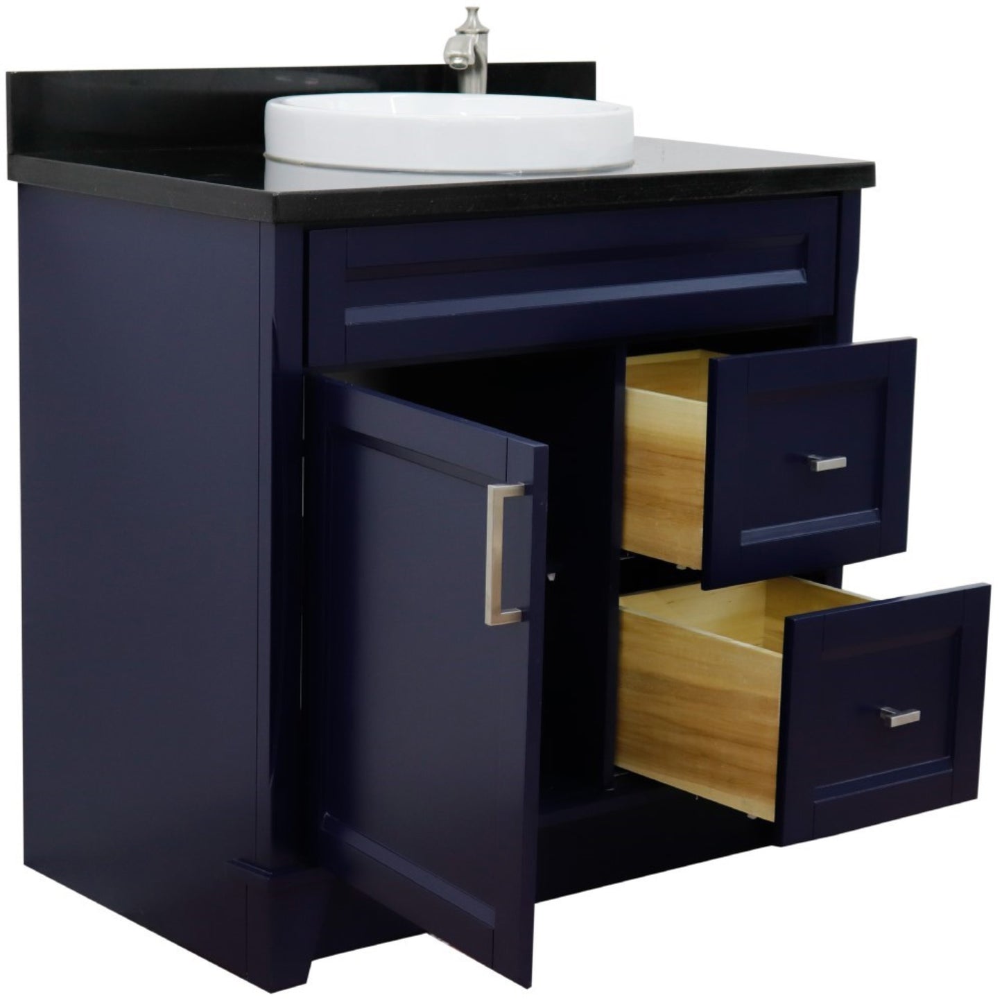 37" Single sink vanity in Blue finish with Black galaxy granite and Left door/Round Center sink