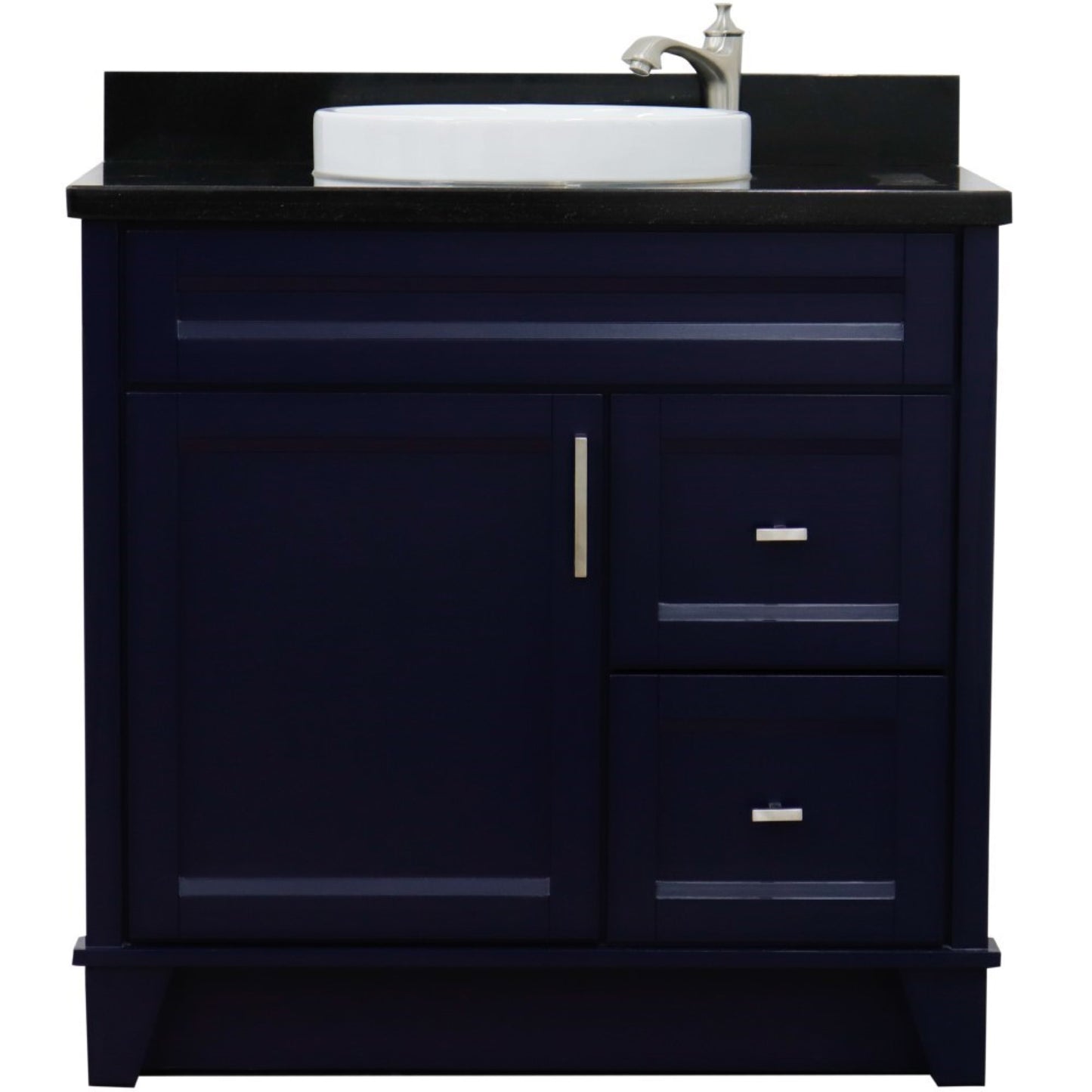 37" Single sink vanity in Blue finish with Black galaxy granite and Left door/Round Center sink