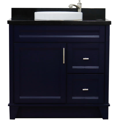 37" Single sink vanity in Blue finish with Black galaxy granite and Left door/Round Center sink