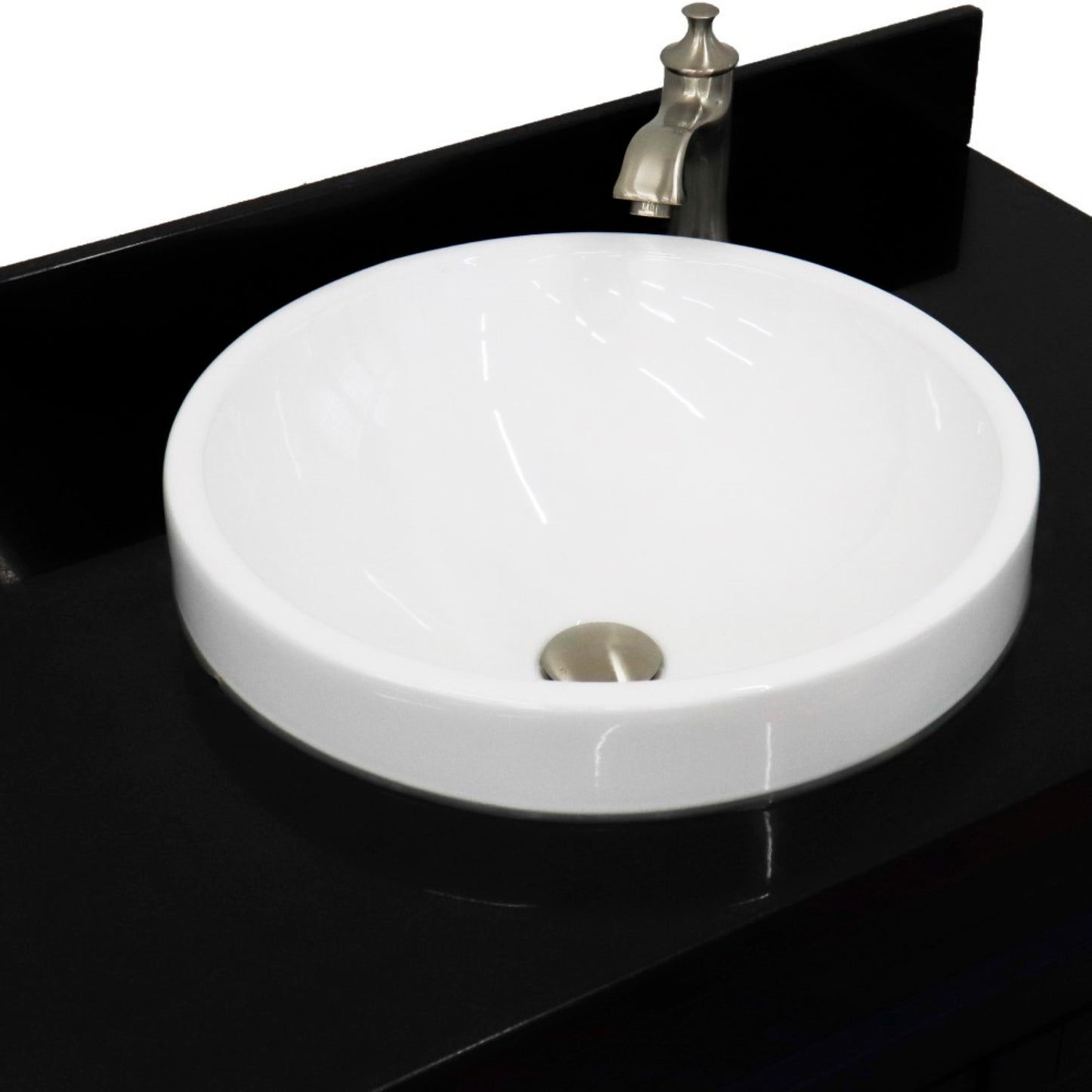 37" Single sink vanity in Blue finish with Black galaxy granite and Left door/Round Center sink