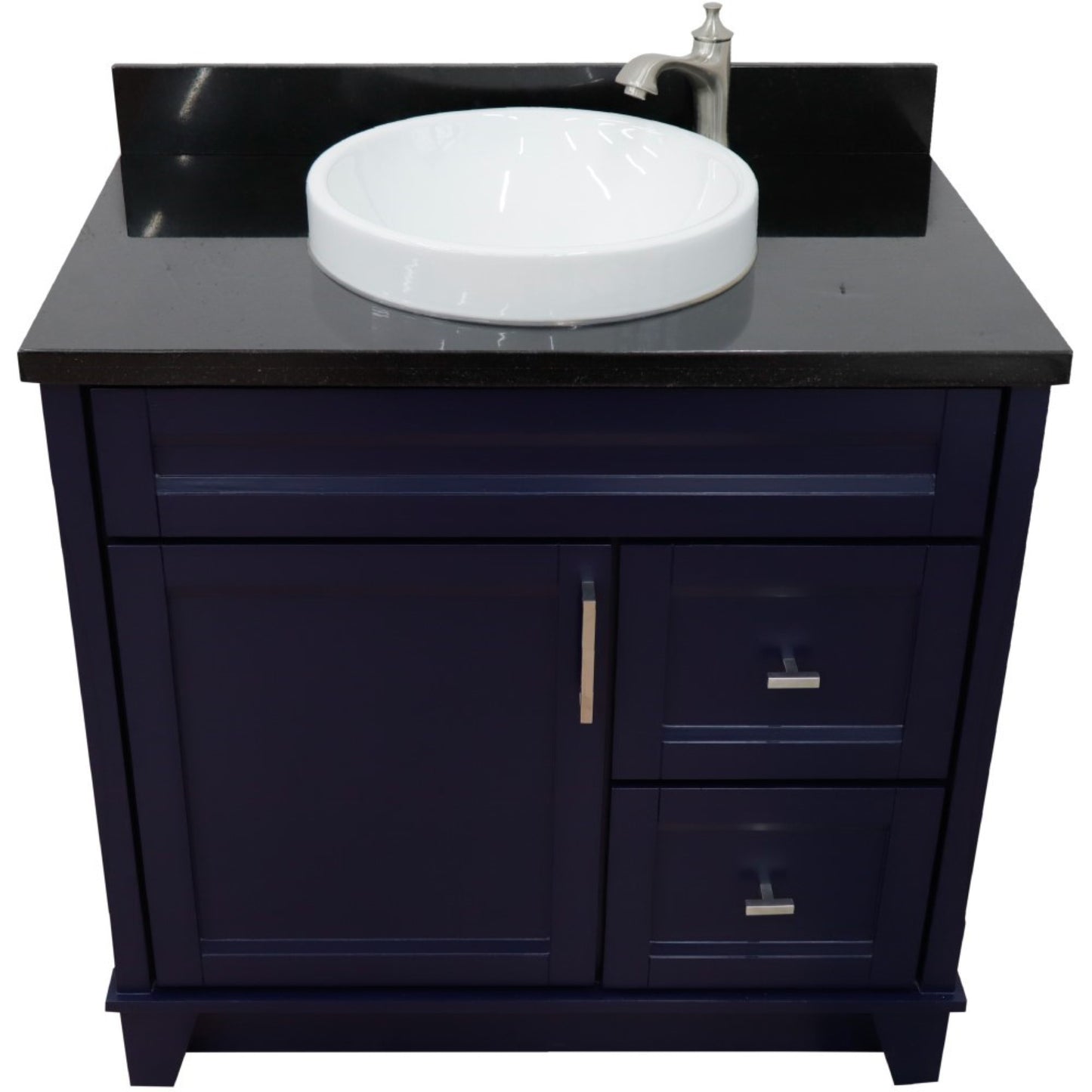 37" Single sink vanity in Blue finish with Black galaxy granite and Left door/Round Center sink