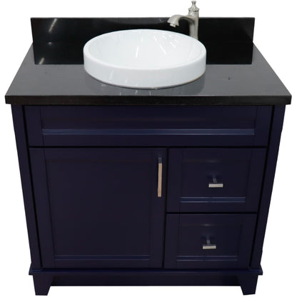 37" Single sink vanity in Blue finish with Black galaxy granite and Left door/Round Center sink