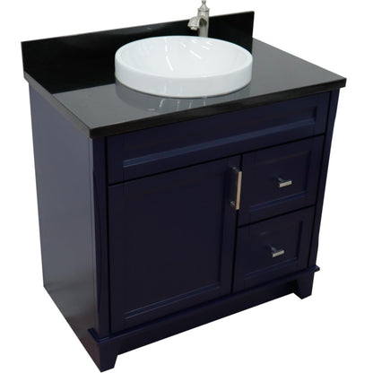 37" Single sink vanity in Blue finish with Black galaxy granite and Left door/Round Center sink