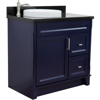 37" Single sink vanity in Blue finish with Black galaxy granite and Left door/Round Left sink