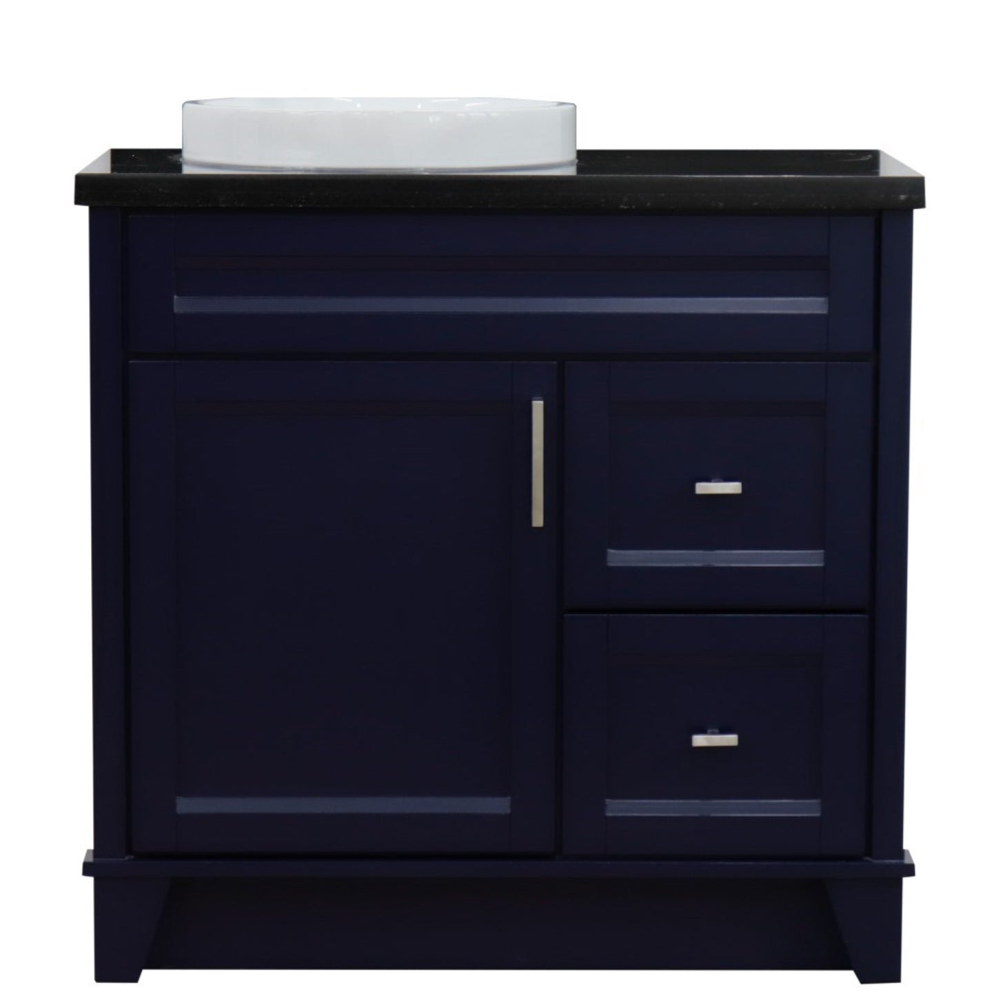 37" Single sink vanity in Blue finish with Black galaxy granite and Left door/Round Left sink