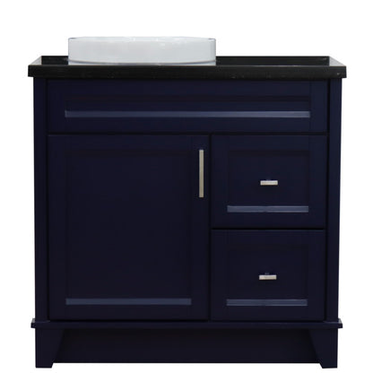 37" Single sink vanity in Blue finish with Black galaxy granite and Left door/Round Left sink