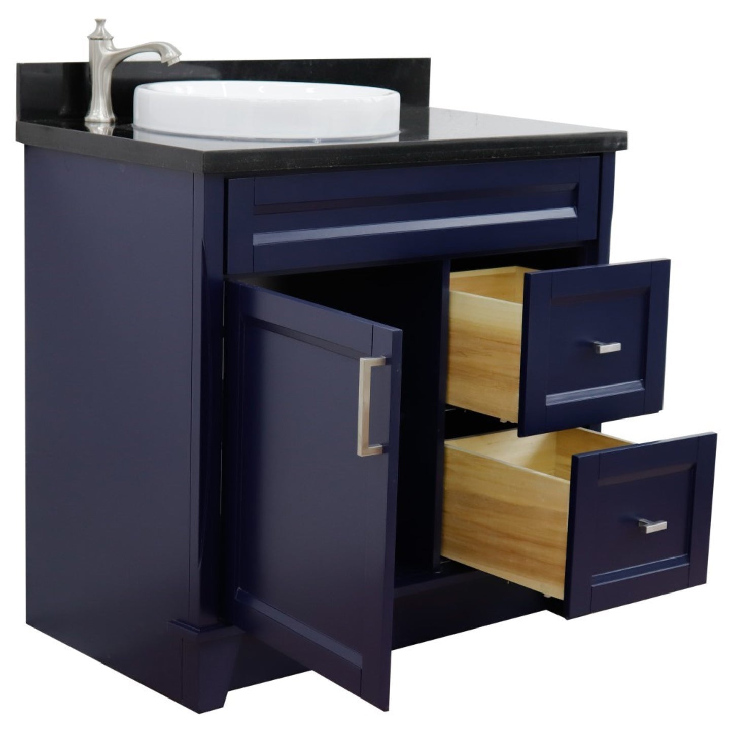 37" Single sink vanity in Blue finish with Black galaxy granite and Left door/Round Left sink