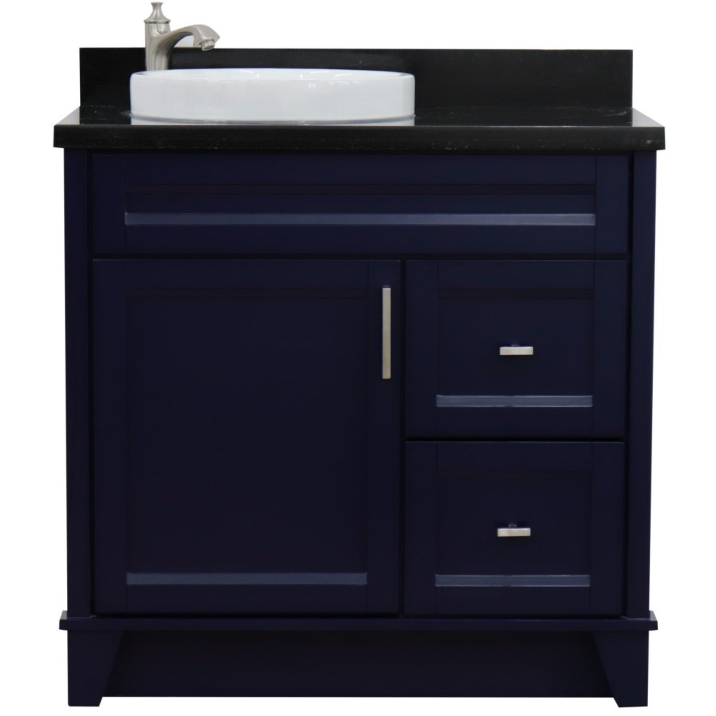 37" Single sink vanity in Blue finish with Black galaxy granite and Left door/Round Left sink