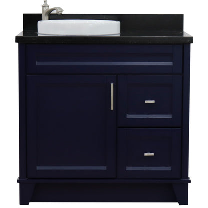 37" Single sink vanity in Blue finish with Black galaxy granite and Left door/Round Left sink