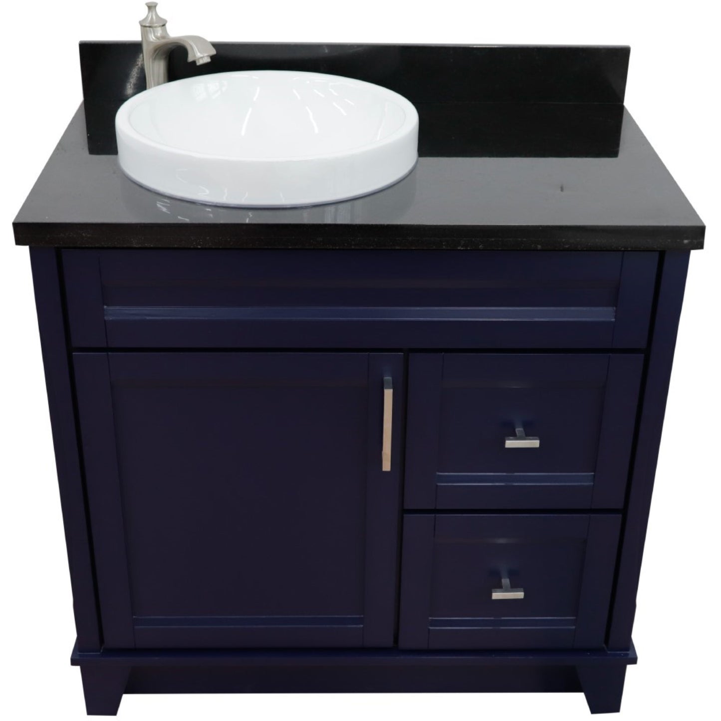 37" Single sink vanity in Blue finish with Black galaxy granite and Left door/Round Left sink
