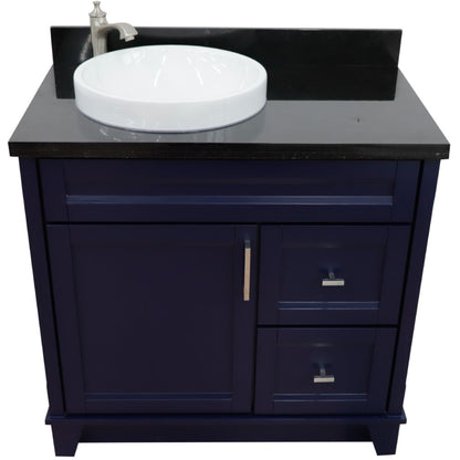 37" Single sink vanity in Blue finish with Black galaxy granite and Left door/Round Left sink