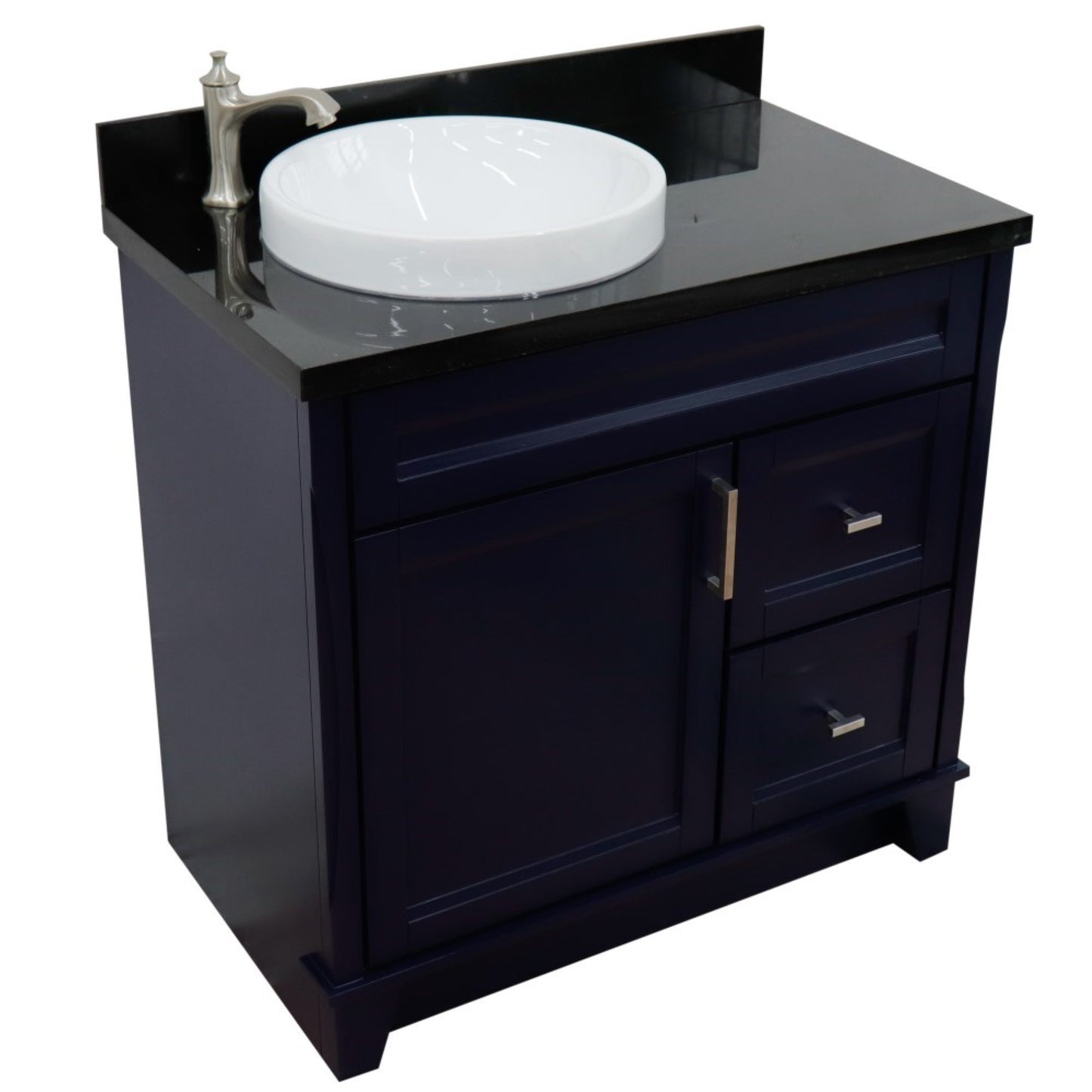 37" Single sink vanity in Blue finish with Black galaxy granite and Left door/Round Left sink
