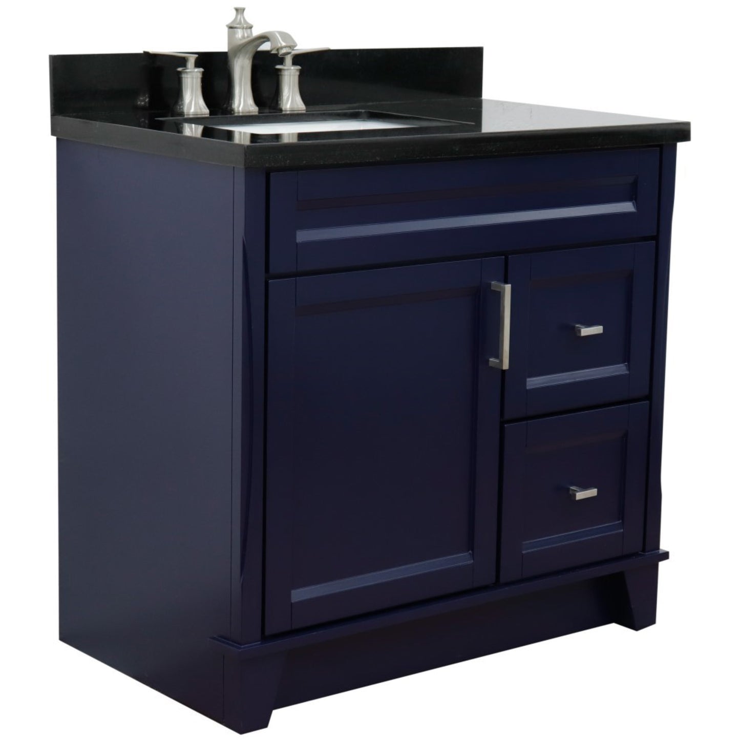 37" Single sink vanity in Blue finish with Black galaxy granite and Left door/Left sink