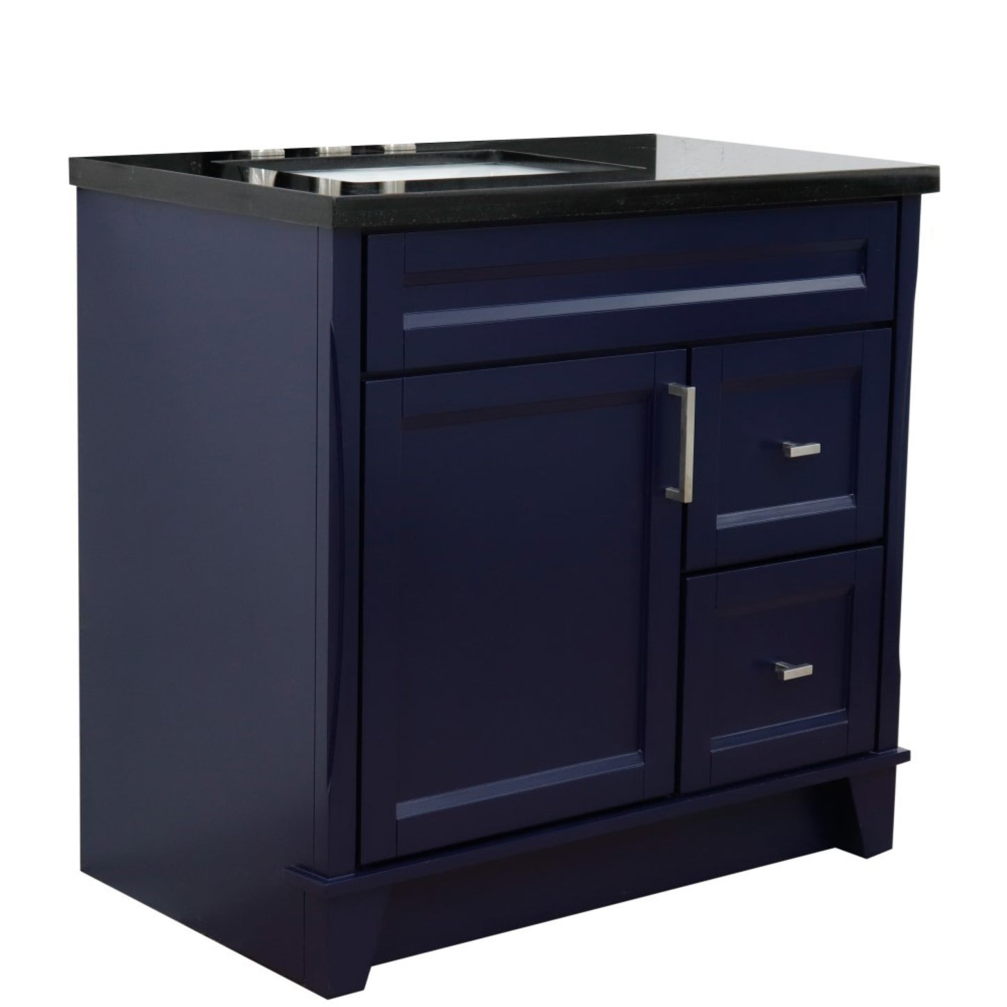37" Single sink vanity in Blue finish with Black galaxy granite and Left door/Left sink