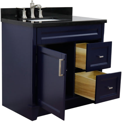 37" Single sink vanity in Blue finish with Black galaxy granite and Left door/Left sink