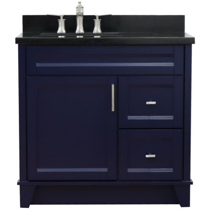 37" Single sink vanity in Blue finish with Black galaxy granite and Left door/Left sink