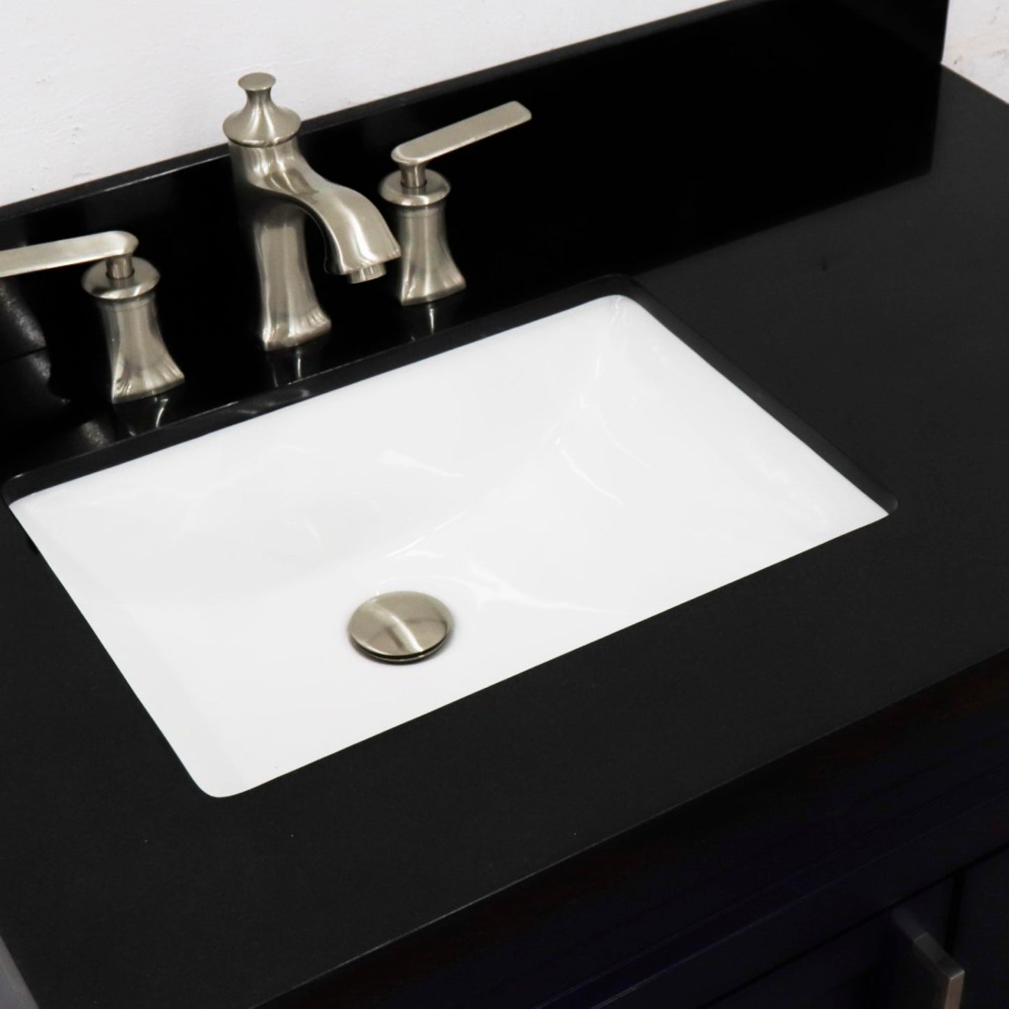 37" Single sink vanity in Blue finish with Black galaxy granite and Left door/Left sink