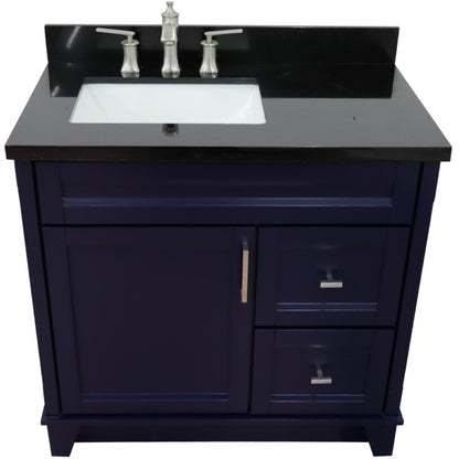 37" Single sink vanity in Blue finish with Black galaxy granite and Left door/Left sink