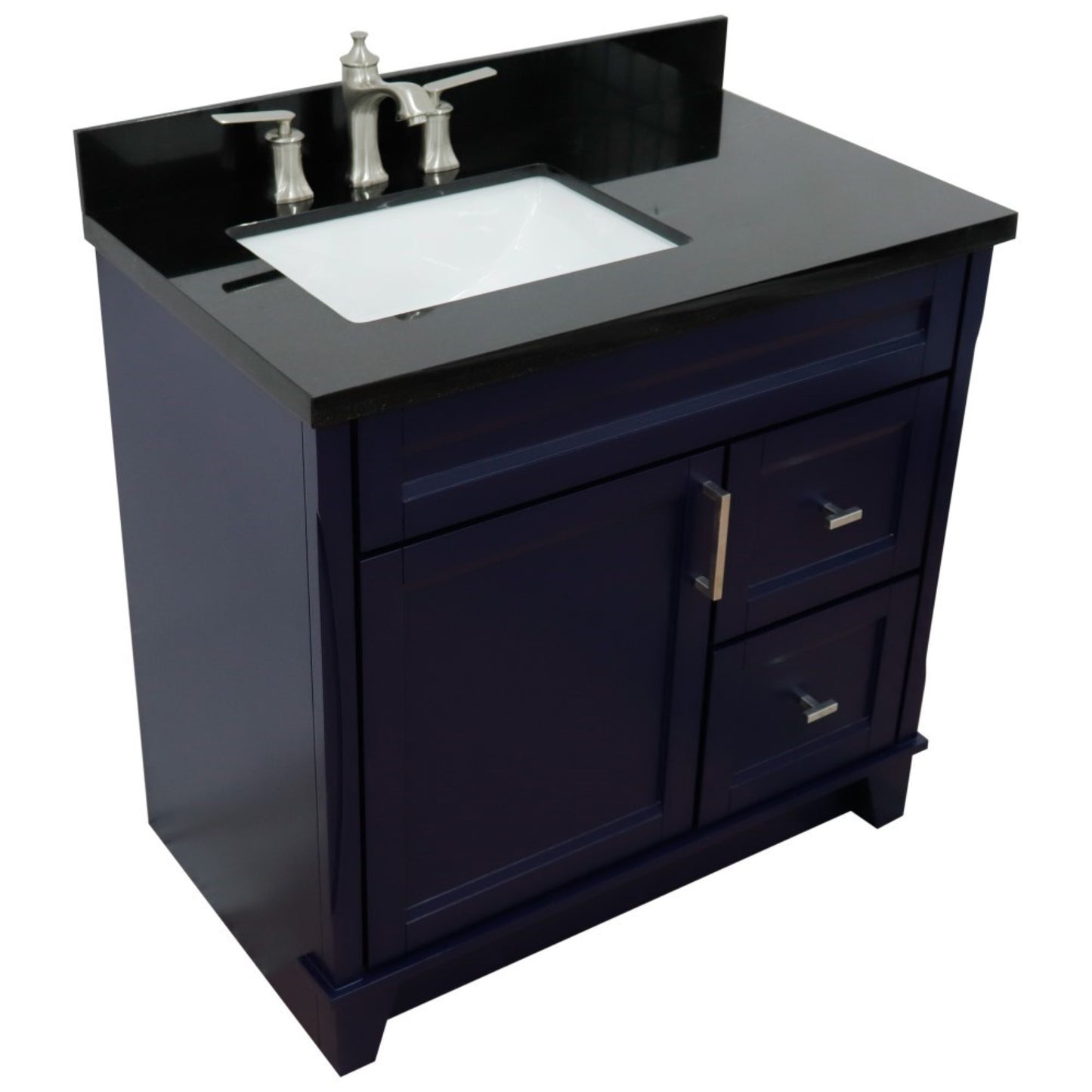 37" Single sink vanity in Blue finish with Black galaxy granite and Left door/Left sink