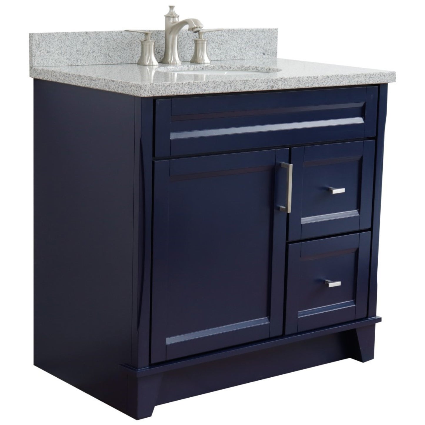 37" Single sink vanity in Blue finish with Gray granite and Left door/Center sink
