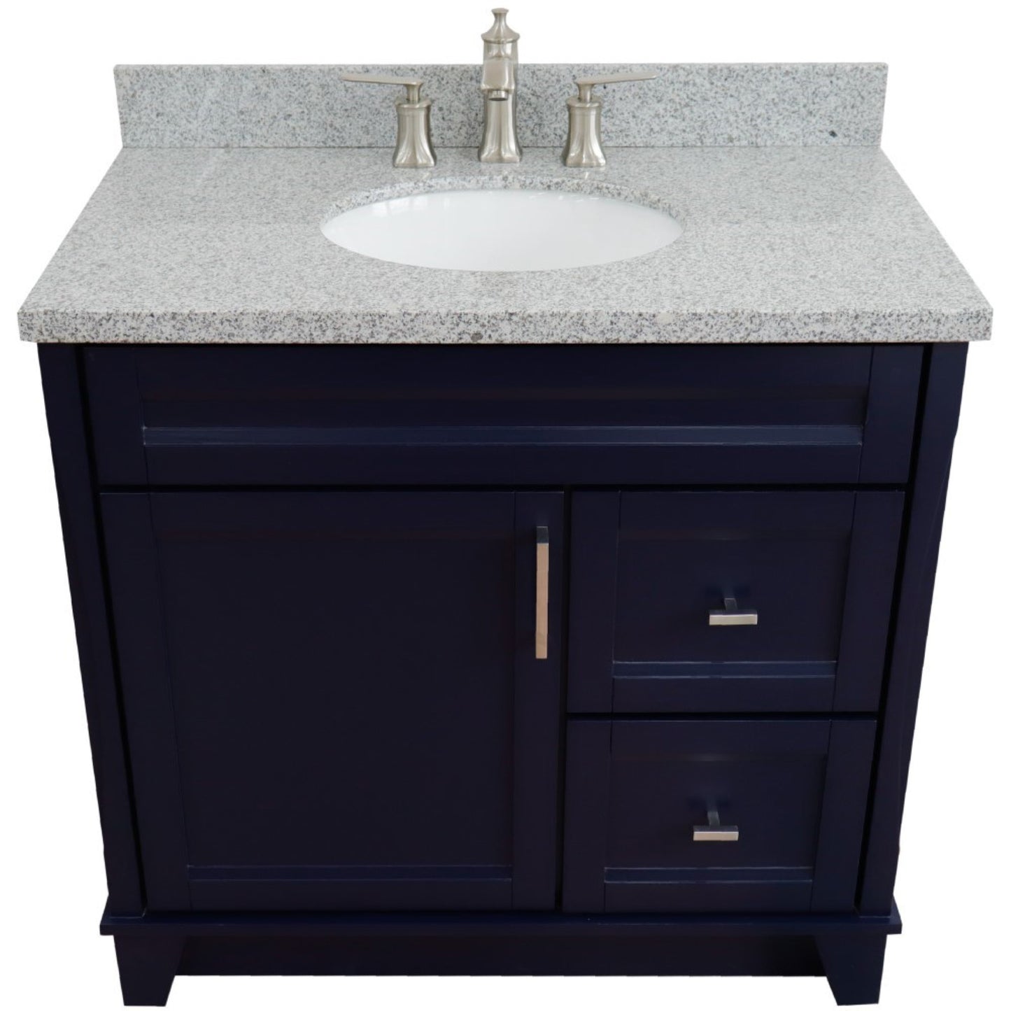 37" Single sink vanity in Blue finish with Gray granite and Left door/Center sink