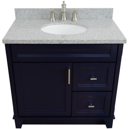 37" Single sink vanity in Blue finish with Gray granite and Left door/Center sink