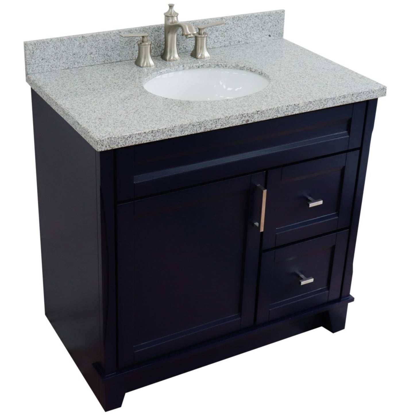 37" Single sink vanity in Blue finish with Gray granite and Left door/Center sink